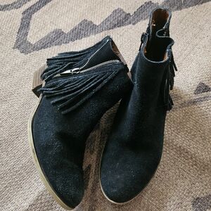 Lucky Brand Fringe Bootie Black Suede Beeliner Boot Double Zipper Boho 7.5
